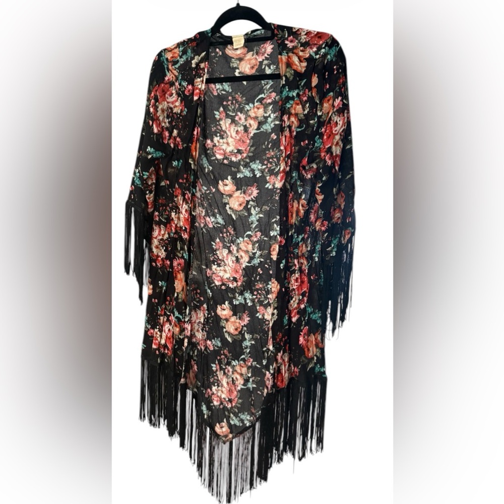 Surf Gypsy Black Floral Fringe Kimono